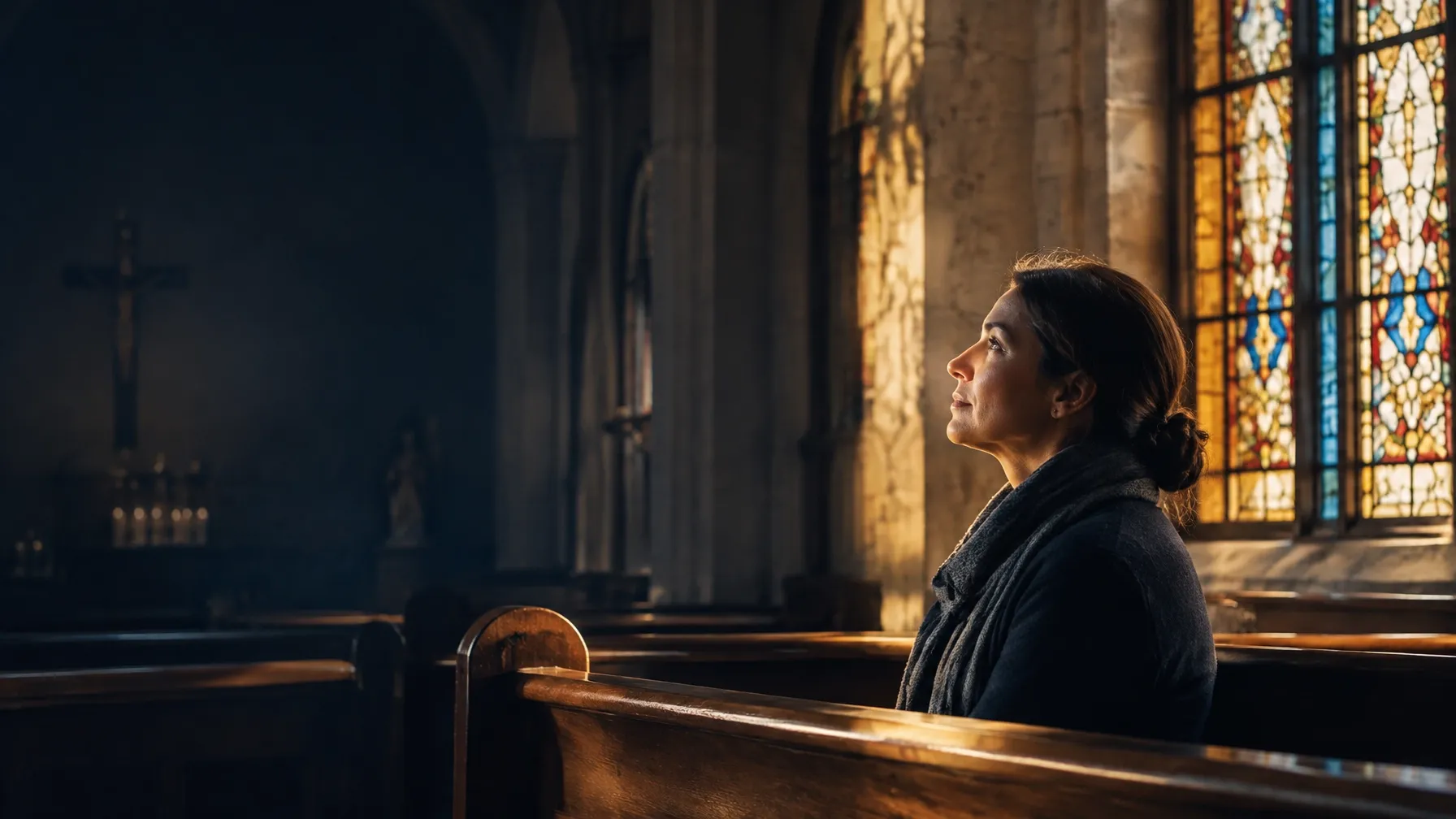 A woman reflecting in prayer in a sunlit Catholic church